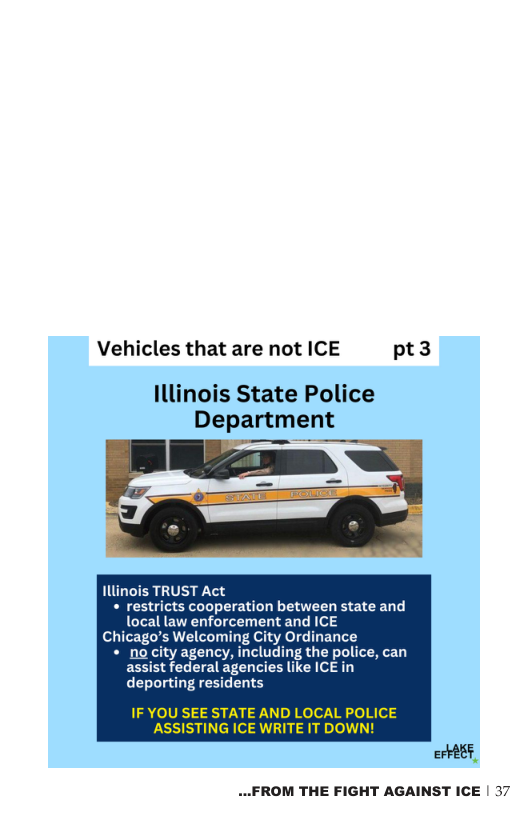 les that are not ICE pt3 IWlinois State Police Department Illinois TRUST Act « restricts cooperation between state and local law enforcems and ICE Chicago’s Welcoming City Ordinance « n city agency, including the police, can assist federal agencies like ICE in deporting residents ...FROM THE FIGHT AGAINST ICE | 37
